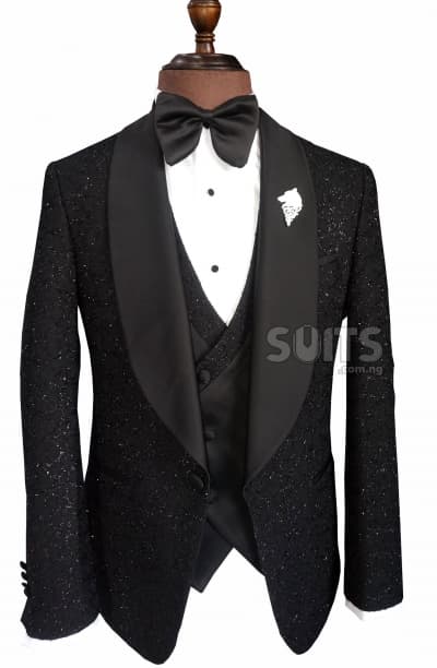 Black shinny-glitz Tux with plain black satin pant by Pabbucci